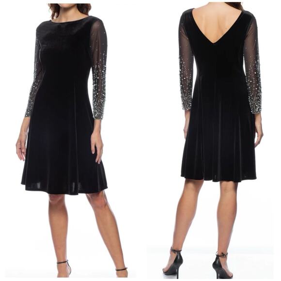 MARINA Dresses & Skirts - Marina Black Velvet A-Line Dress Sz M Mesh Pearl Beaded Sleeves Elegant Formal
